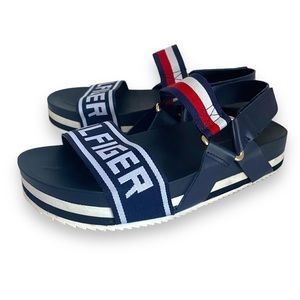 TOMMY HILFIGER Becket Women’s Navy Blue Logo Colors Platform Sandals Sz 8